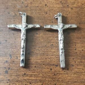 Lot 2 Italy Crucifix Pendants Silver Tone Jesus INRI Catholic Cross Charms Pair